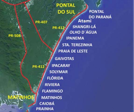 Os balneários mais conhecidos do litoral paranaense, todos praticamente na mesma e longa praia. Nós passamos por Atami, no norte, e seguimos até Caiobá e Prainha, no sul